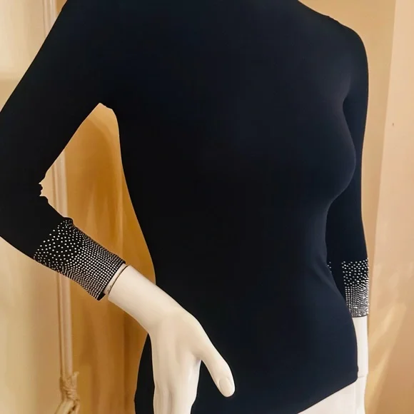 KIKIRIKI Black Long-Sleeve Crewneck Top with Crystal-Embellished Cuffs size S - Picture 13 of 15